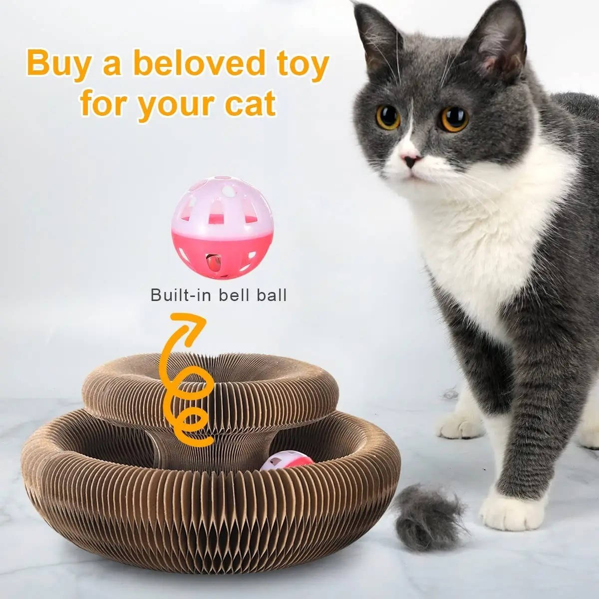 Belro cat scratcher with ball track, durable cardboard scratching post designed for feline entertainment and claw care.