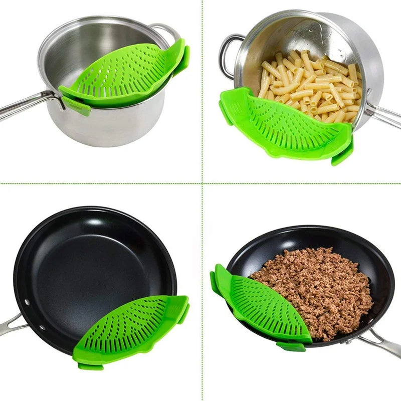 Belro universal silicone pot pasta strainer clip-on colander for easy draining in kitchen, flexible silicone design for versatile use.