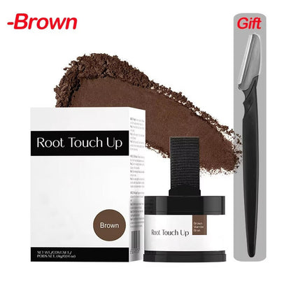 Belro hairline powder for thinning hair, close-up of the product container with application brush and powder on a white background.