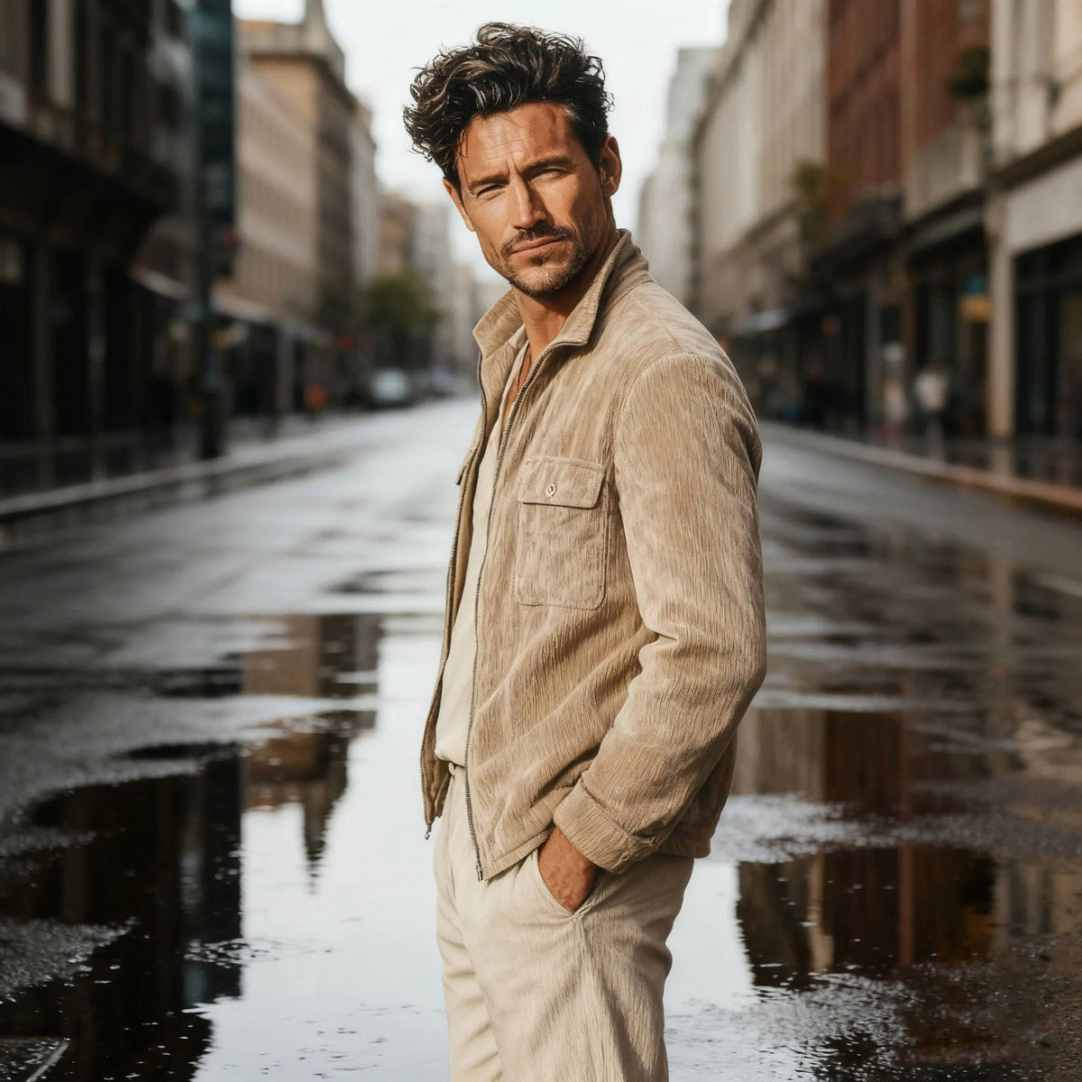 Men's Belro corduroy jacket in tan, featuring a button-up front and classic collar, displayed hanging on a wooden hanger.