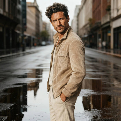 Men's Belro corduroy jacket in tan, featuring a button-up front and classic collar, displayed hanging on a wooden hanger.