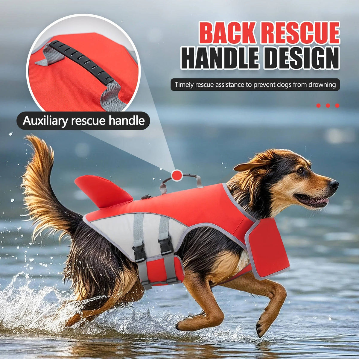 Belro dog float jacket, a bright orange waterproof coat with adjustable straps for swimming and safety.