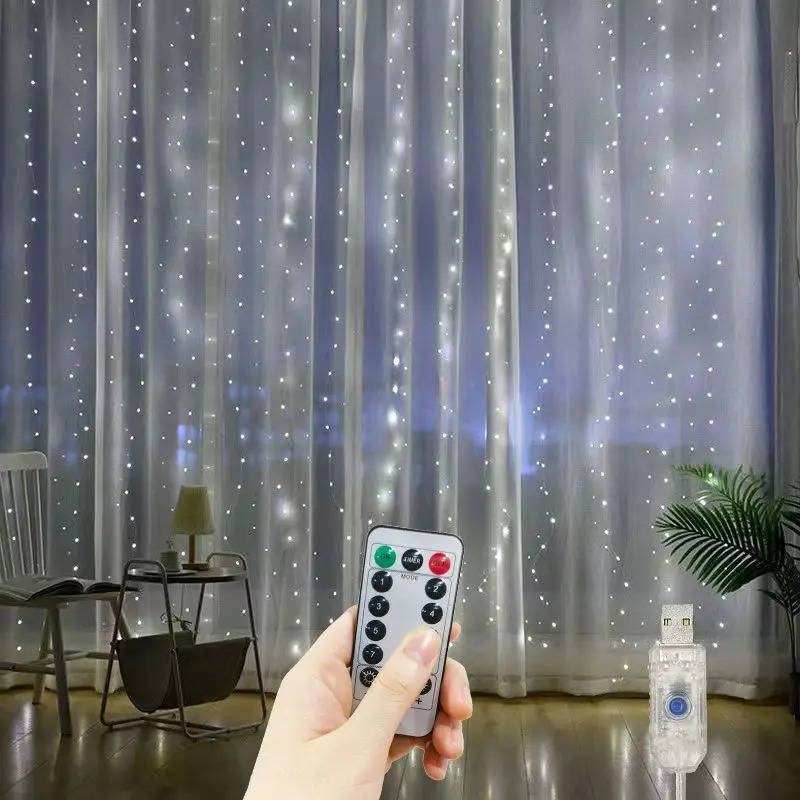 Belro Curtain LED Lights hanging outdoors, decorative string lights for home and garden ambiance, with warm glowing bulbs.