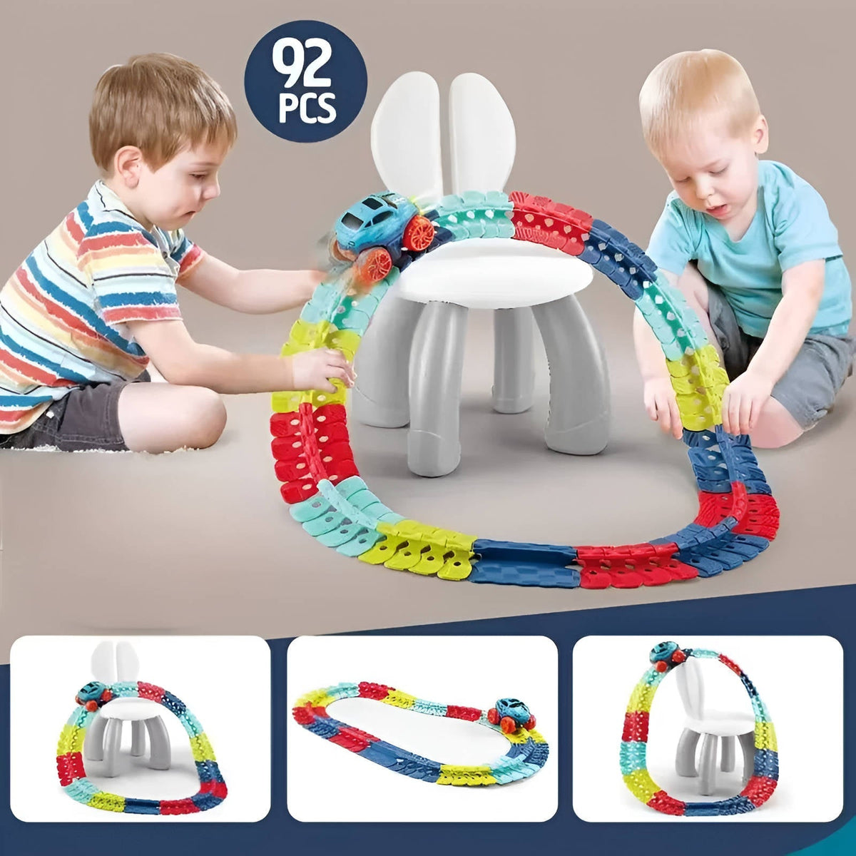 Belro Anti Gravity Race Track for Kids, automotive toy with colorful race tracks and miniature cars on a play mat.