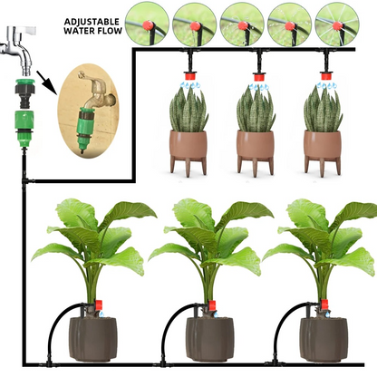 Belro drip irrigation system with automatic timer, tools and hardware for efficient garden watering setup.