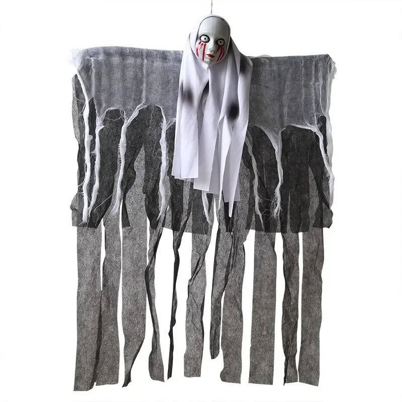Belro Halloween hanging ghost decoration with skull design, spooky costume accessory for Halloween parties and haunted house decor.