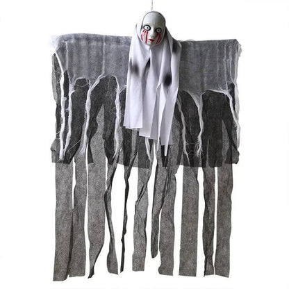 Belro Halloween hanging ghost decoration with skull design, spooky costume accessory for Halloween parties and haunted house decor.