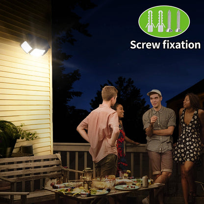 Belro solar powered flood lights with motion sensor mounted outdoors in a garden, providing automatic illumination.