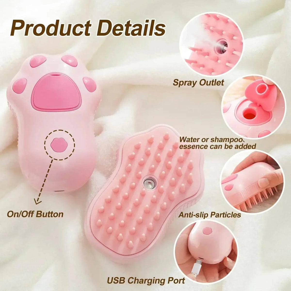 Belro dog grooming brush with steam feature, suitable for pet grooming, showing the brush with steam nozzle and bristles.