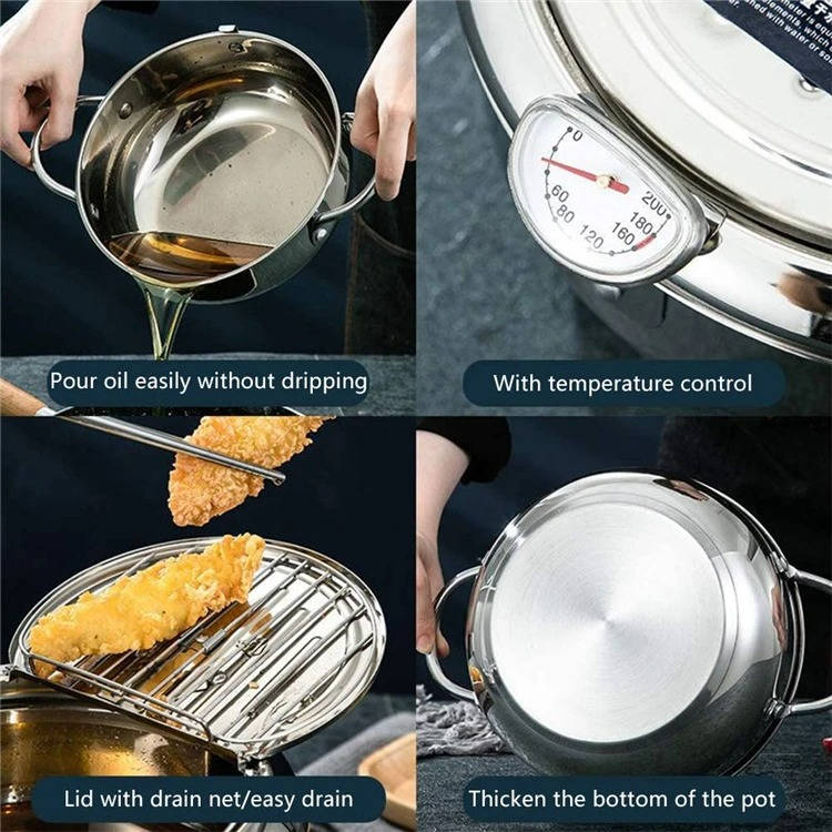 Belro Japanese deep frying pot with a wide stainless steel body and black handles, ideal for home kitchen frying tasks.