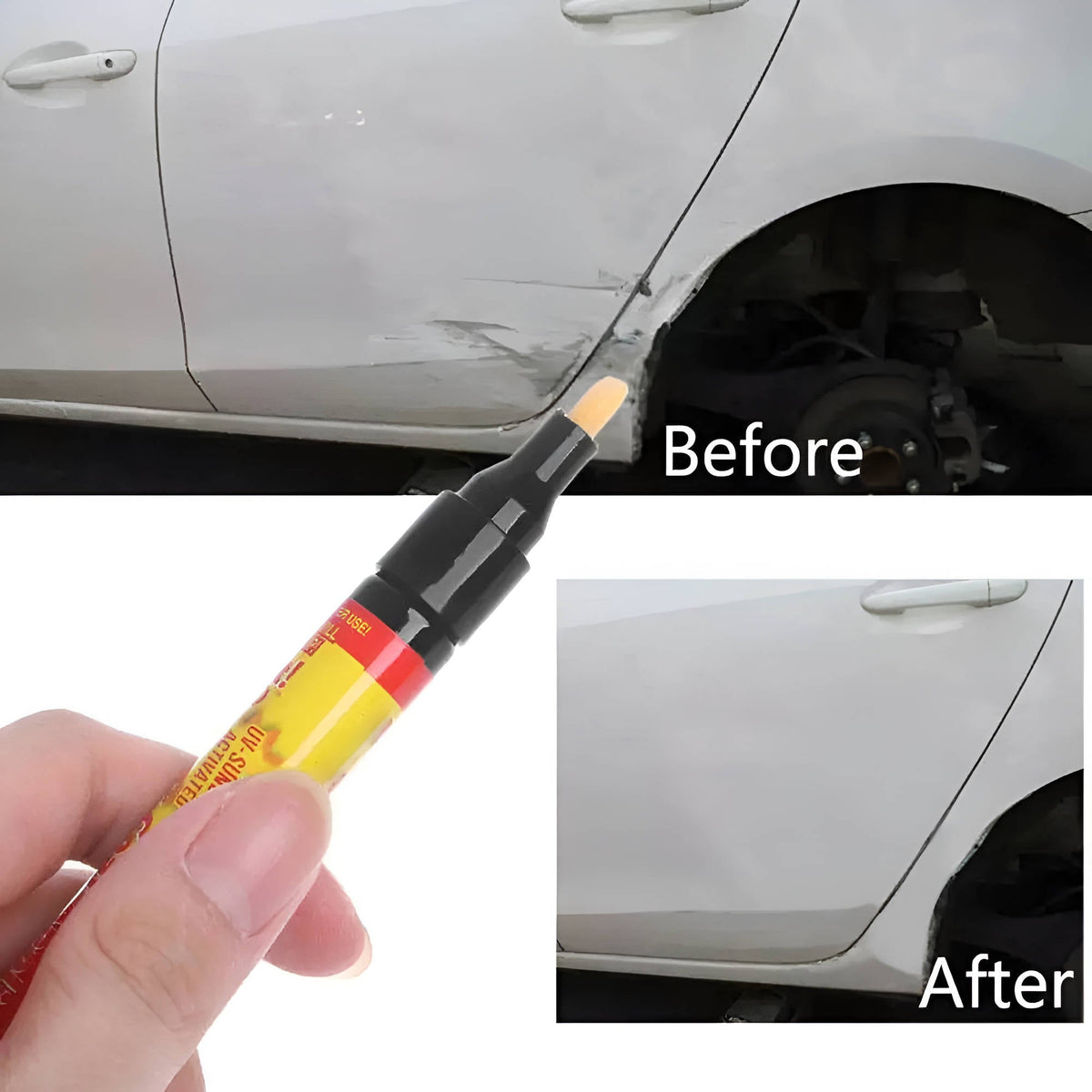 Belro Instant Scratch Removal Pen for home and garden decor, shown with close-up of the pen and a scratched surface.