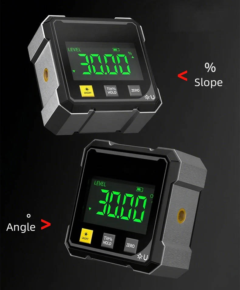 Belro digital angle gauge with laser, measuring tool for precise angle and alignment, displayed on a workbench.