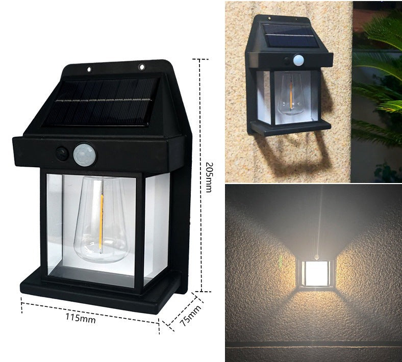 Pair of Mivoza solar wall lanterns with motion sensors, outdoor garden lighting, automatic on/off, mounted on a wall in a garden setting.
