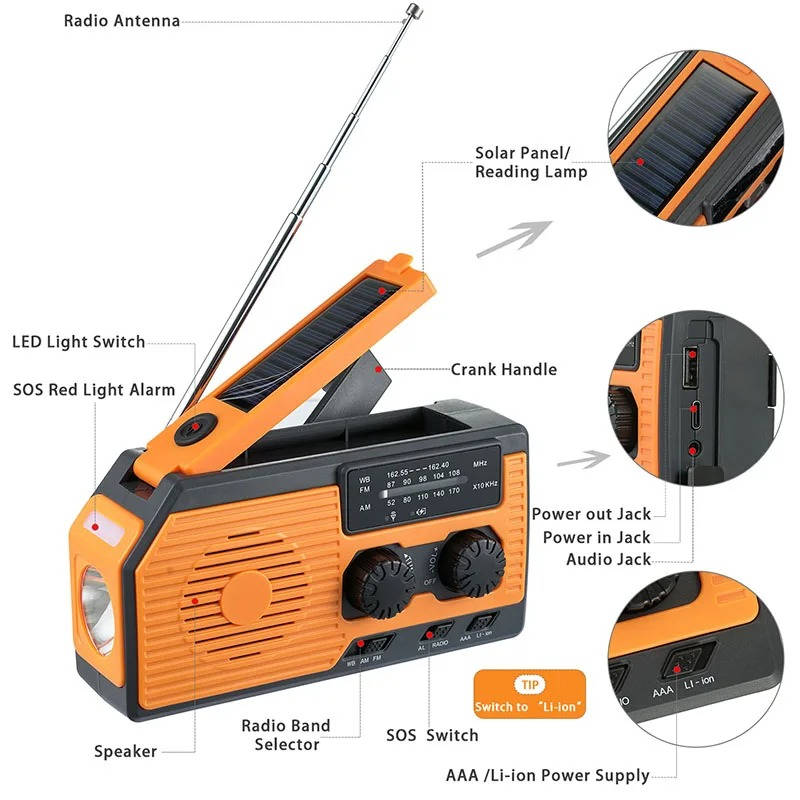 Belro Solar Hand Crank Emergency Radio with digital display and built-in flashlight, ideal for portable emergency audio communication.