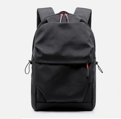 Black minimalist backpack by Belro designed for electronics and laptops, with sleek, simple style and functional compartments.