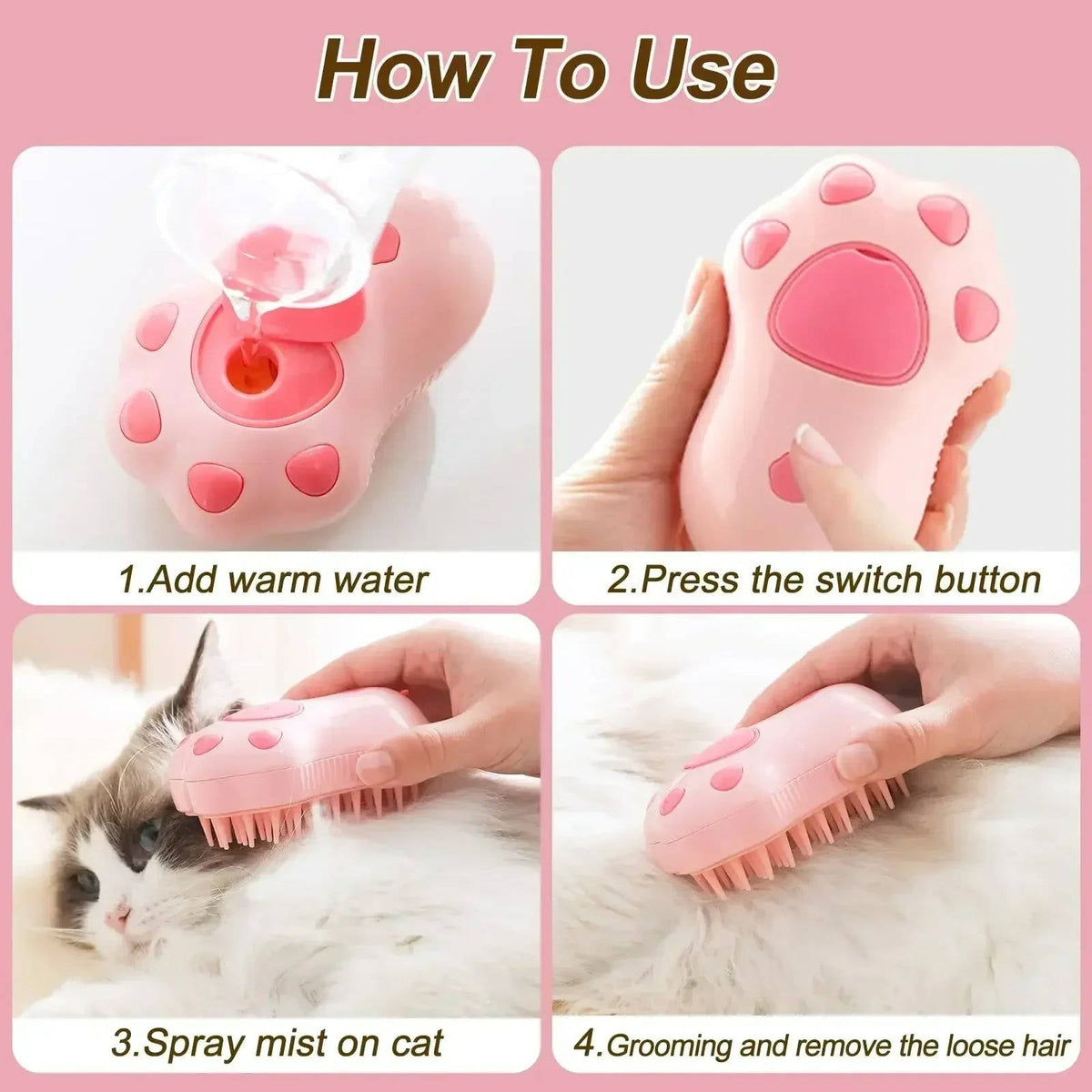Belro dog brush with steam, pet grooming tool showing bristles and steam function for efficient dog coat grooming.