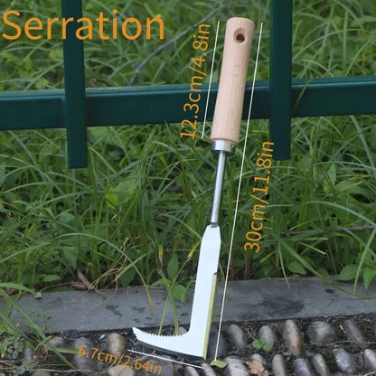 Belro multifunctional weed puller tool for brick joints, showing a hand holding the tool with a brick wall in the background.