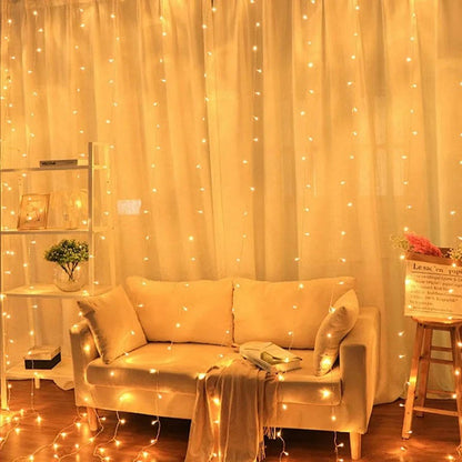Belro Curtain LED lights for outdoor home and garden decor, with glowing string lights hanging against a cozy outdoor setting.