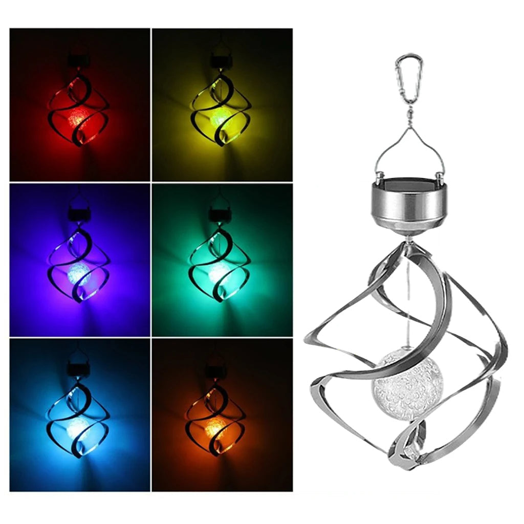 Belro Solar Wind Chime Spinner LED Lamp hanging outdoors, decorative garden decor with colorful spinning and solar-powered lighting.