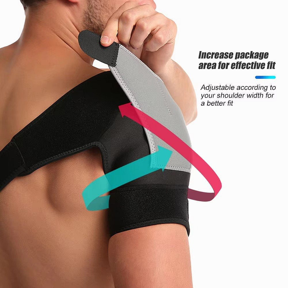 Belro shoulder brace for support and stability, shown on a person's shoulder with adjustable straps and padded design.