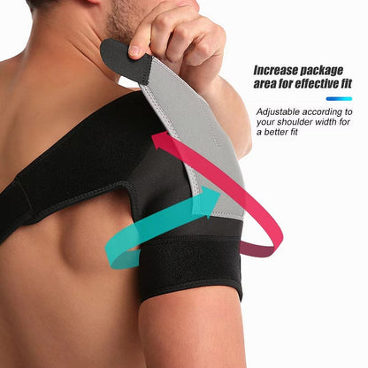 Belro shoulder brace for support and stability, shown on a person's shoulder with adjustable straps and padded design.