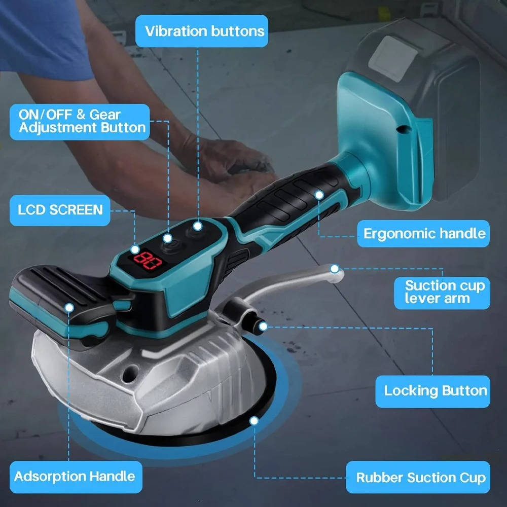 Belro Tile Suction and Vibration Tool for cutting and handling tiles, featuring ergonomic handle and suction cup for stability.