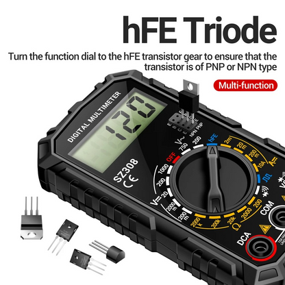 Belro electrical test kit with digital multimeter showing probes and digital display for electronic testing and voltage measurement.