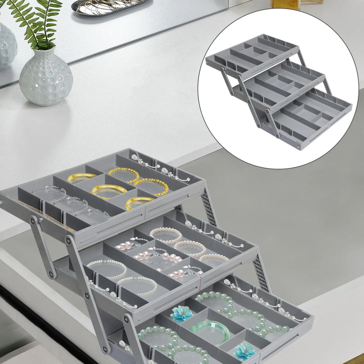 Belro 3-Tier Drawer Organizer for home and garden desks, showing stacked plastic compartments for organizing office supplies.