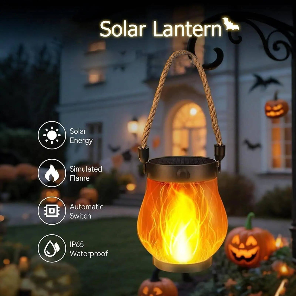 Belro solar outdoor porch flame lantern displaying a glowing flame design, ideal for eco-friendly outdoor lighting.