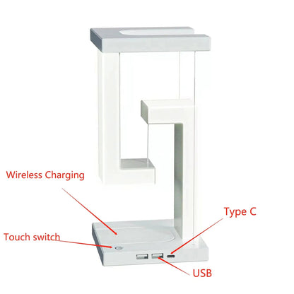 Belro floating lamp with built-in wireless charger, modern electronic device with illuminated design and charging pad for smartphones.