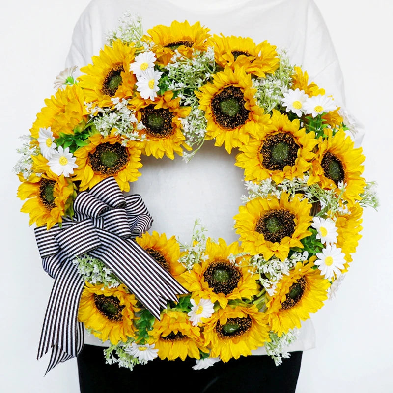 Belro sunflower and daisy wreath, floral accessory for men's clothing, featuring bright yellow sunflowers and white daisies.