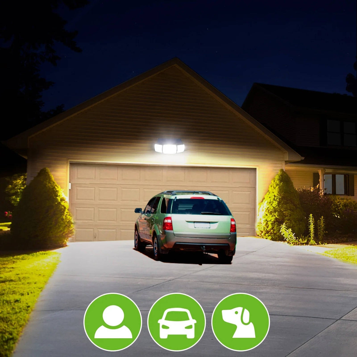 Belro solar-powered flood lights with motion sensor illuminating a garden outdoor area in a home and garden setting.