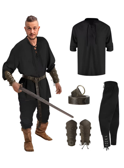 Men's medieval Halloween costume set from Belro, includes four-piece clothing ensemble for themed parties and costumes.
