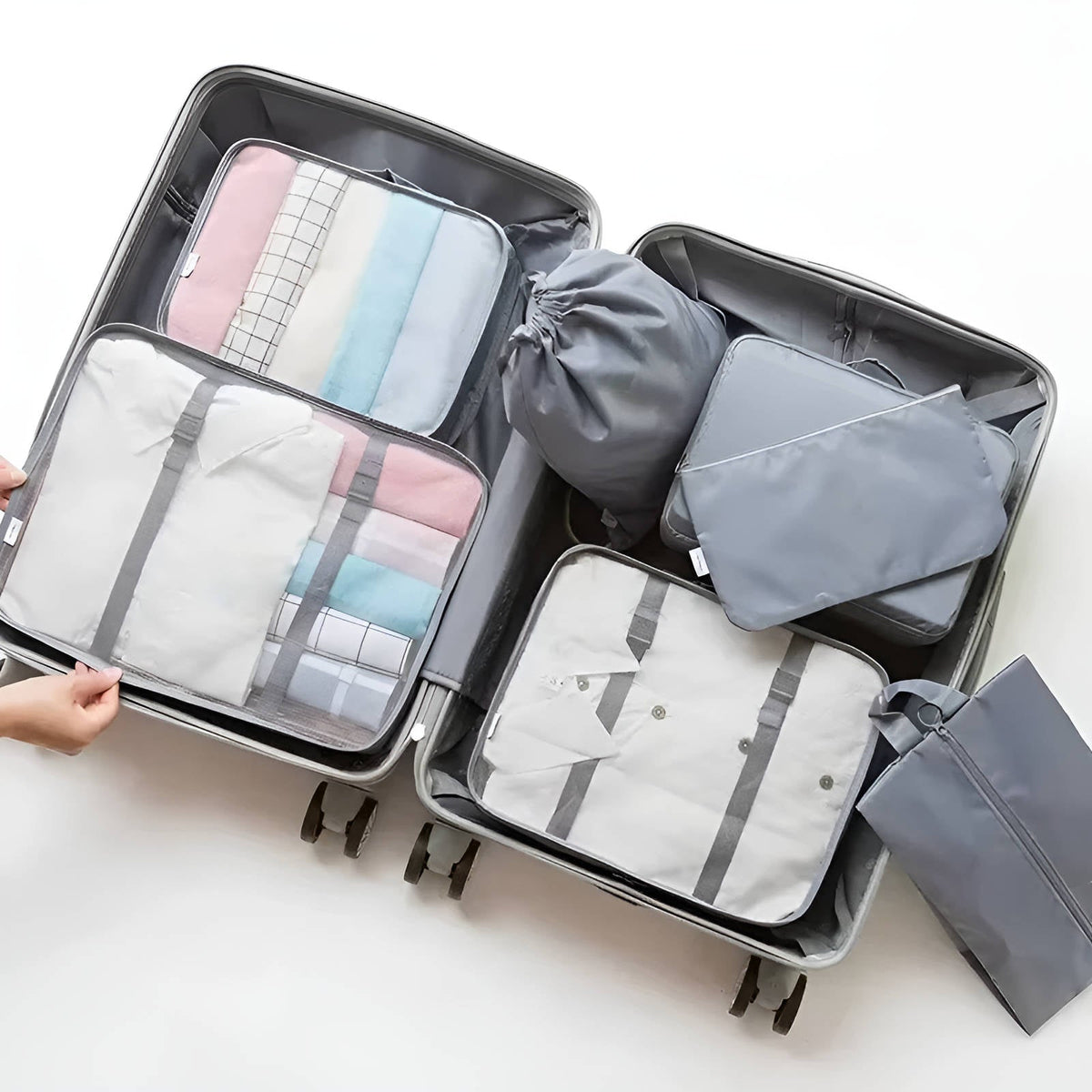 Set of seven Belro packing cubes for travel, organized fabric bags in various sizes for luggage organization and packing efficiency.
