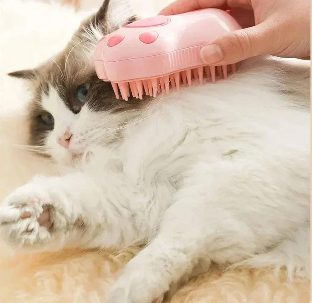 Belro dog brush with steam for grooming, featuring a handheld design and bristles to help detangle and clean dog fur.