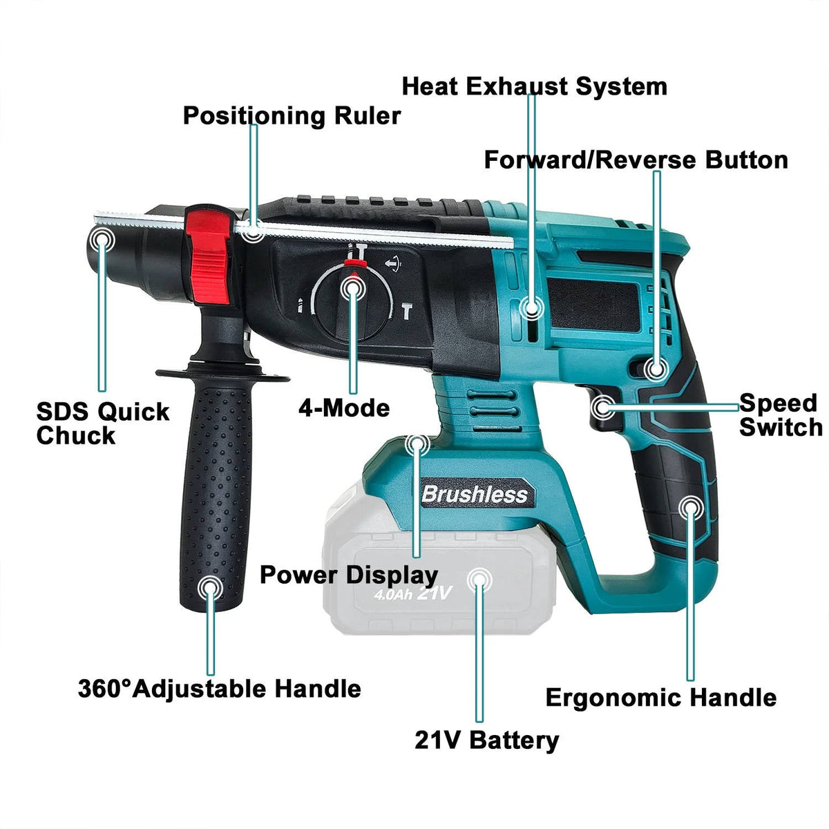 Belro brushless cordless rotary hammer drill with ergonomic handle and metal chuck for heavy-duty drilling tasks.