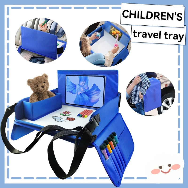Kids travel car seat tray by Belro, lightweight plastic surface with cup holder and snack compartment for outdoor car trips.