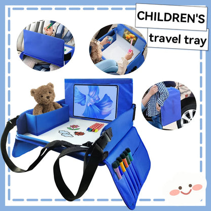 Kids travel car seat tray by Belro, lightweight plastic surface with cup holder and snack compartment for outdoor car trips.