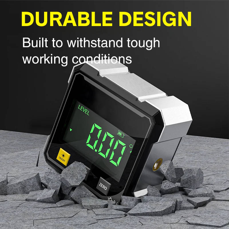 Belro digital angle finder with laser level showing a compact device displaying digital readouts and laser beam for precise measurements