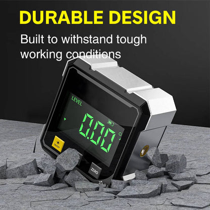 Belro digital angle finder with laser level showing a compact device displaying digital readouts and laser beam for precise measurements