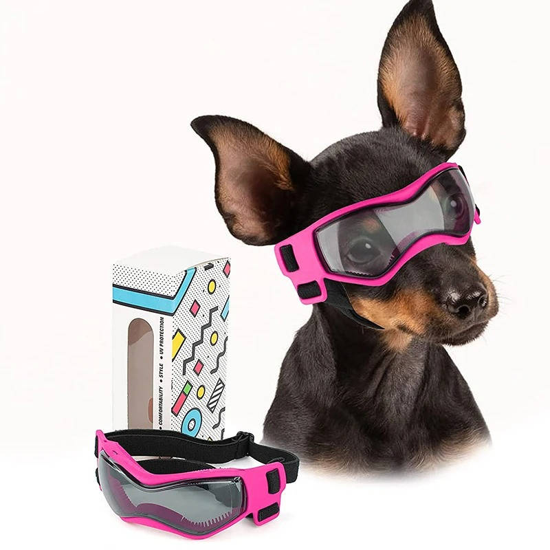 Belro dog goggles, protective eyewear for pets, with clear lenses and adjustable straps, designed to shield dogs' eyes during outdoor activities.