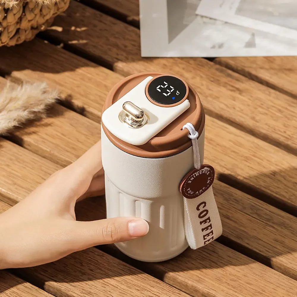 Belro 450ml smart travel mug with LED display, stainless steel body, and spill-proof lid for hot and cold beverages.