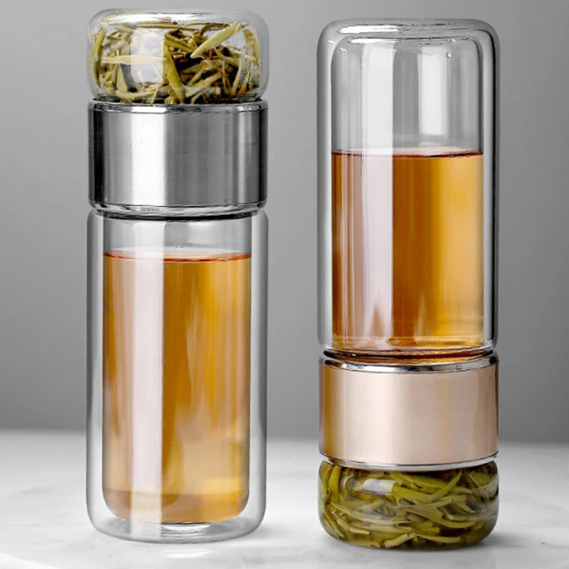 Belro 430ml borosilicate glass double layer tea infuser with stainless steel mesh for brewing tea in kitchen or dining setting.