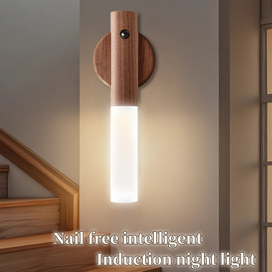 Belro wood grain night light with magnetic base, motion sensor, and warm lighting for easy, hands-free illumination.