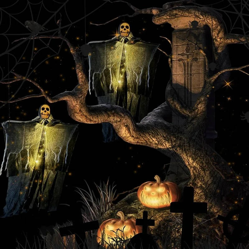 Set of two Belro glowing skulls for outdoor Halloween decorations, featuring eerie lighting for spooky home and garden decor.