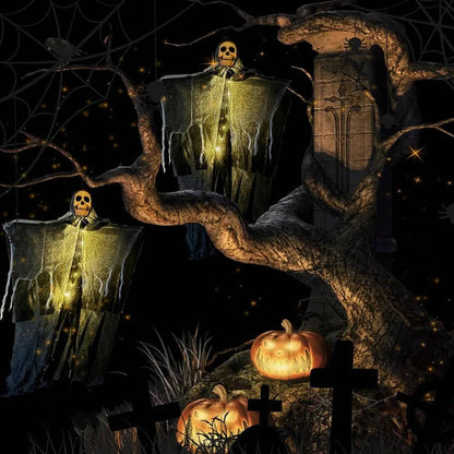 Set of two Belro glowing skulls for outdoor Halloween decorations, featuring eerie lighting for spooky home and garden decor.