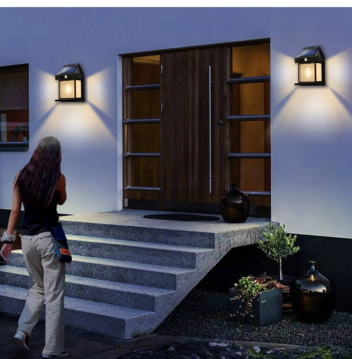 Belro 2-set solar wall lamps for outdoor use, weather-resistant LED lighting for home garden and patio decor.