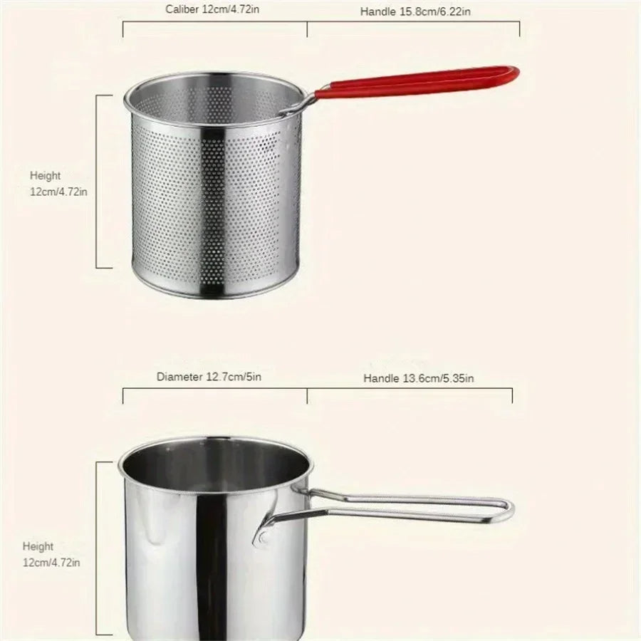 Belro 1200ML deep fryer pot with strainer for home kitchen, stainless steel design, featuring a handle and frying basket.