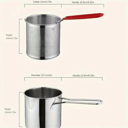Belro 1200ML deep fryer pot with strainer for home kitchen, stainless steel design, featuring a handle and frying basket.