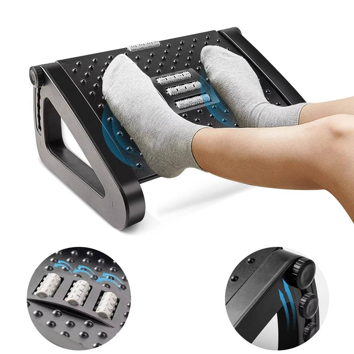 Belro under desk foot rest designed for ergonomic support, placed under office desk with padded surface and adjustable height.